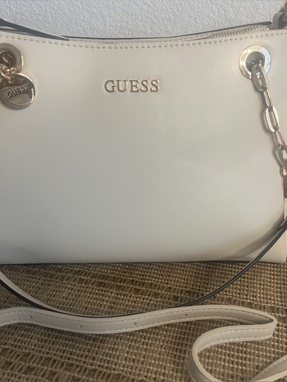 GUESS Cream Shoulder Bag with Gold Chain Accents